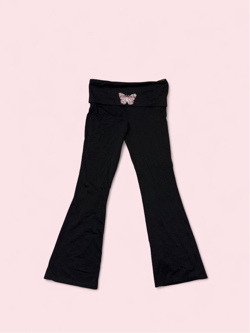 Girls' Black Flare Yoga Pants with Butterfly Accent